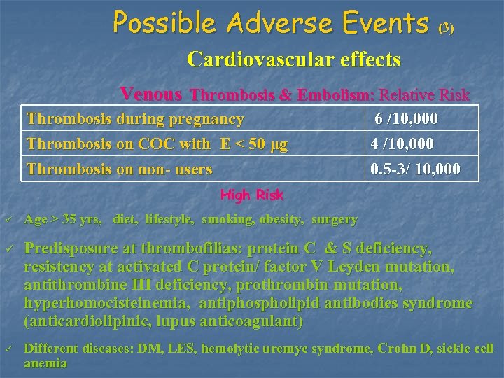 Possible Adverse Events (3) Cardiovascular effects Venous Thrombosis & Embolism: Relative Risk Thrombosis during