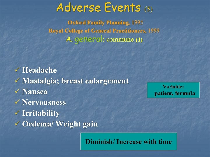 Adverse Events (5) Oxford Family Planning, 1995 Royal College of General Practitioners, 1999 A.