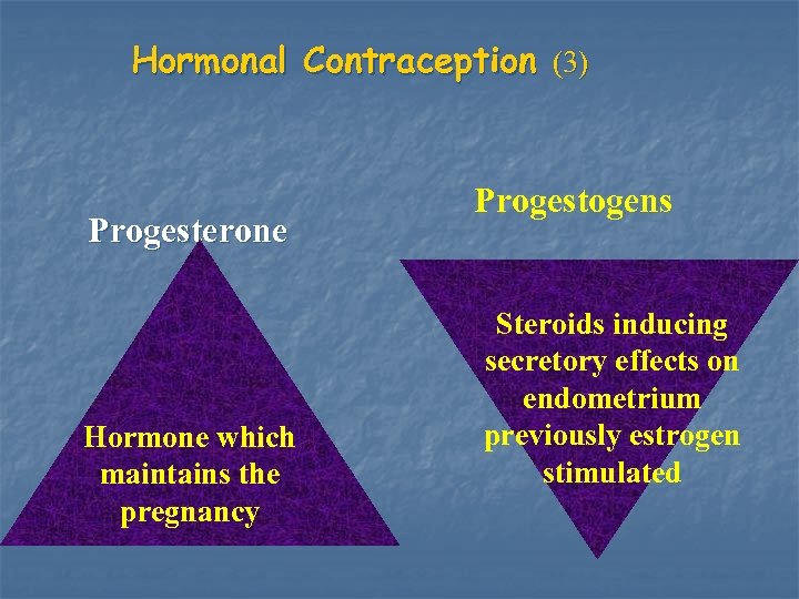 Hormonal Contraception (3) Progesterone Hormone which maintains the pregnancy Progestogens Steroids inducing secretory effects