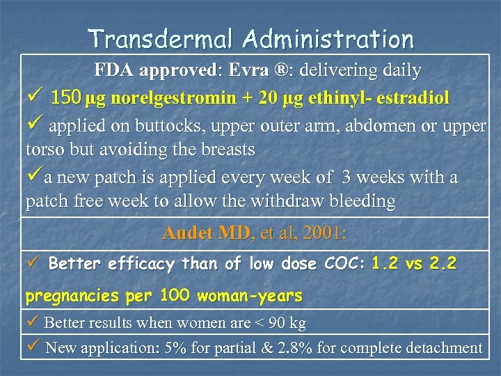 Transdermal Administration FDA approved: Evra ®: delivering daily ü 150 μg norelgestromin + 20