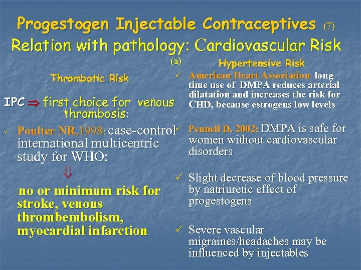 Progestogen Injectable Contraceptives (7) Relation with pathology: Cardiovascular Risk (a) Hypertensive Risk P American