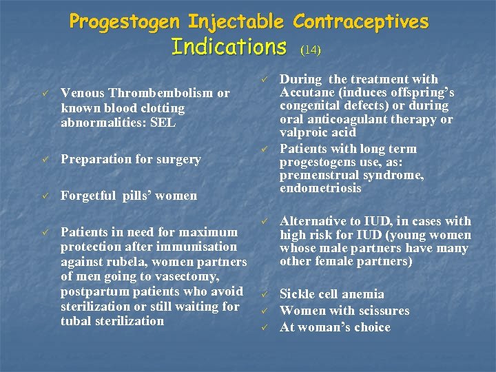 Progestogen Injectable Contraceptives Indications P Venous Thrombembolism or known blood clotting abnormalities: SEL P