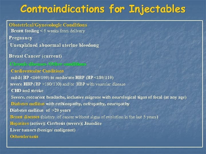 Contraindications for Injectables Obstetrical/Gynecologic Conditions Breast feeding < 6 weeks from delivery Pregnancy Unexplained