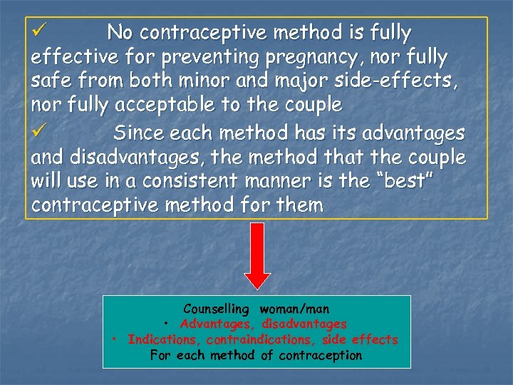 No contraceptive method is fully effective for preventing pregnancy, nor fully safe from both