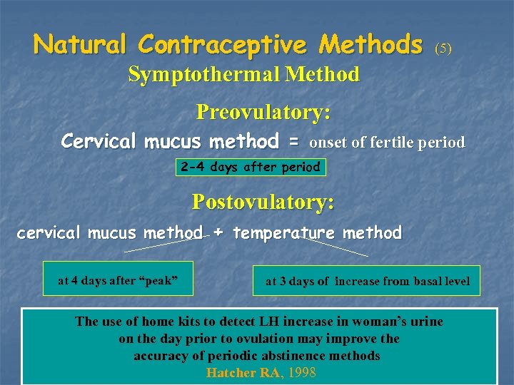 Natural Contraceptive Methods (5) Symptothermal Method Preovulatory: Cervical mucus method = onset of fertile