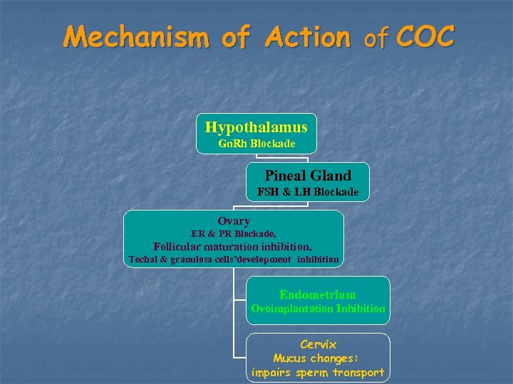 Mechanism of Action of COC Hypothalamus Gn. Rh Blockade Pineal Gland FSH & LH