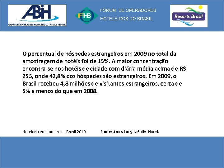 FÓRUM DE OPERADORES HOTELEIROS DO BRASIL O percentual de hóspedes estrangeiros em 2009 no