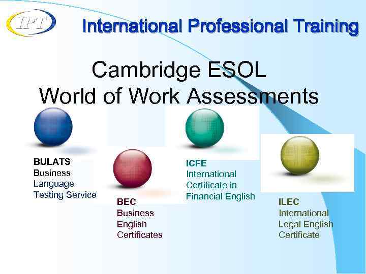 International Professional Training Cambridge ESOL World of Work Assessments BULATS Business Language Testing Service