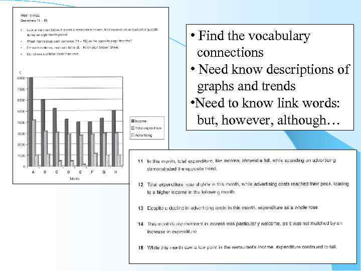  • Find the vocabulary connections • Need know descriptions of graphs and trends