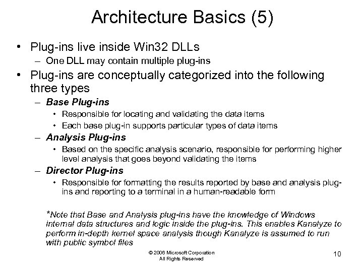 Architecture Basics (5) • Plug-ins live inside Win 32 DLLs – One DLL may