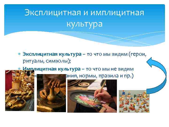 Эксплицитная и имплицитная культура Эксплицитная культура – то что мы видим (герои, ритуалы, символы);