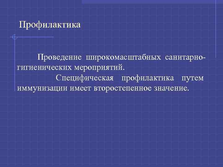 Профилактика Проведение широкомасштабных санитарногигиенических мероприятий. Специфическая профилактика путем иммунизации имеет второстепенное значение. 