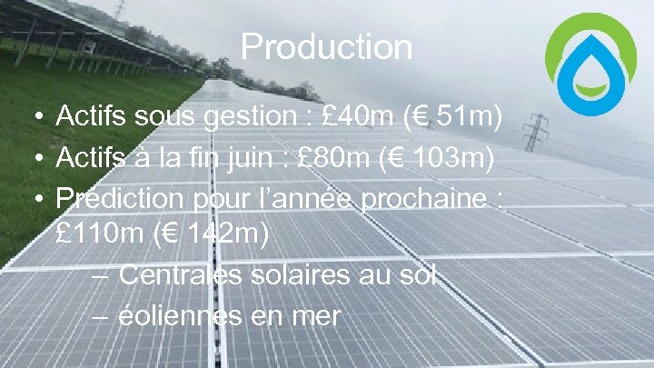 Production • Actifs sous gestion : £ 40 m (€ 51 m) • Actifs