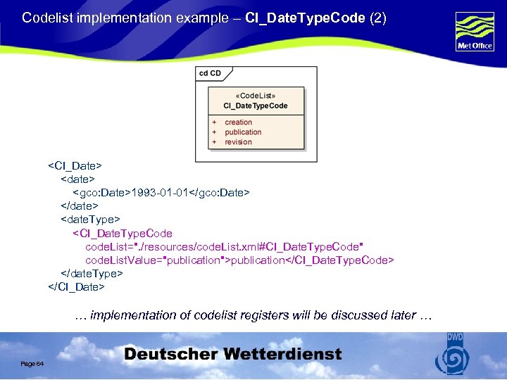 Codelist implementation example – CI_Date. Type. Code (2) <CI_Date> <date> <gco: Date>1993 -01 -01</gco: