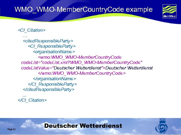 WMO_WMO-Member. Country. Code example <CI_Citation> … <cited. Responsible. Party> <CI_Responsible. Party> <organisation. Name> <wmo: