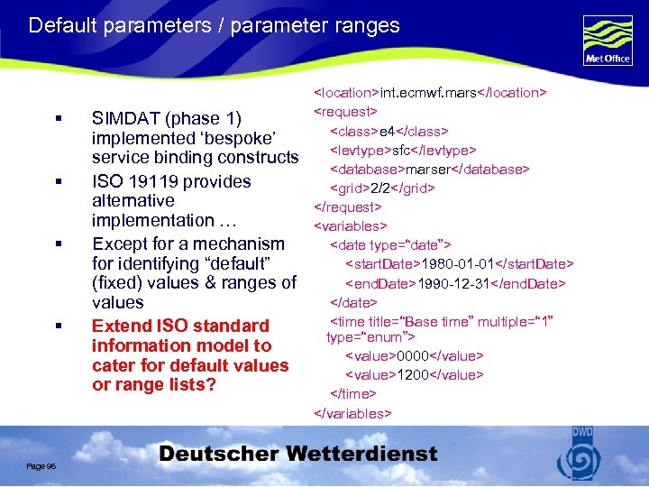 Default parameters / parameter ranges § § Page 96 SIMDAT (phase 1) implemented ‘bespoke’