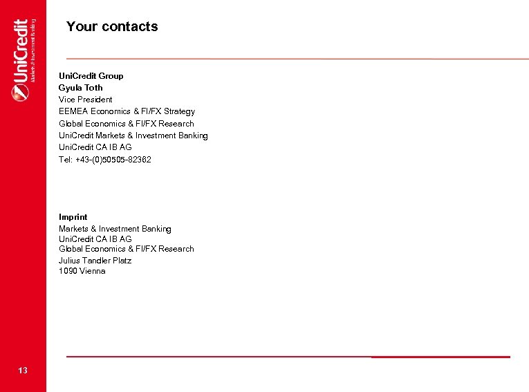 Your contacts Uni. Credit Group Gyula Toth Vice President EEMEA Economics & FI/FX Strategy