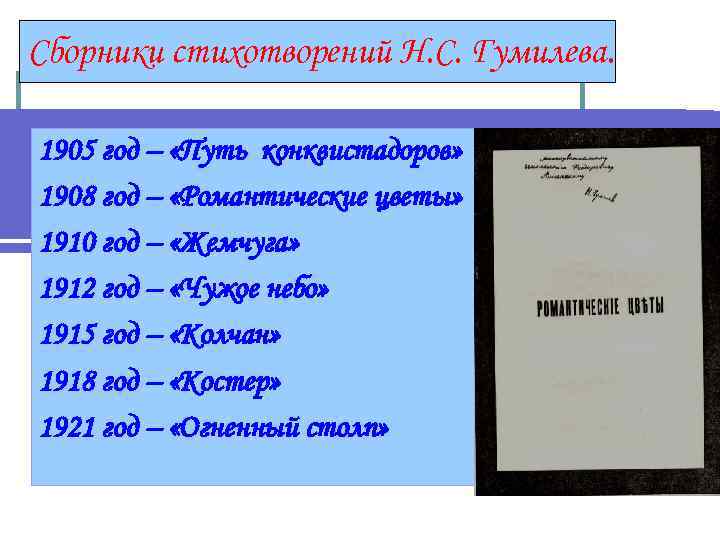 Сборники стихотворений Н. С. Гумилева. 1905 год – «Путь конквистадоров» 1908 год – «Романтические