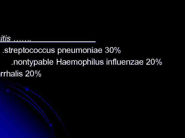 sitis ……. . streptococcus pneumoniae 30%. nontypable Haemophilus influenzae 20% arrhalis 20% 