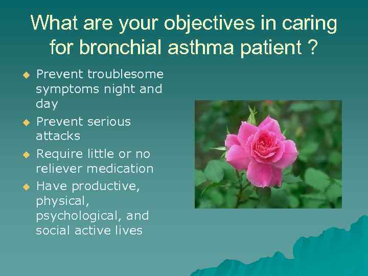 What are your objectives in caring for bronchial asthma patient ? u u Prevent