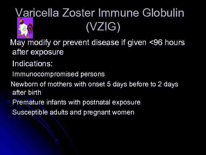 Varicella Zoster Immune Globulin (VZIG) May modify or prevent disease if given <96 hours