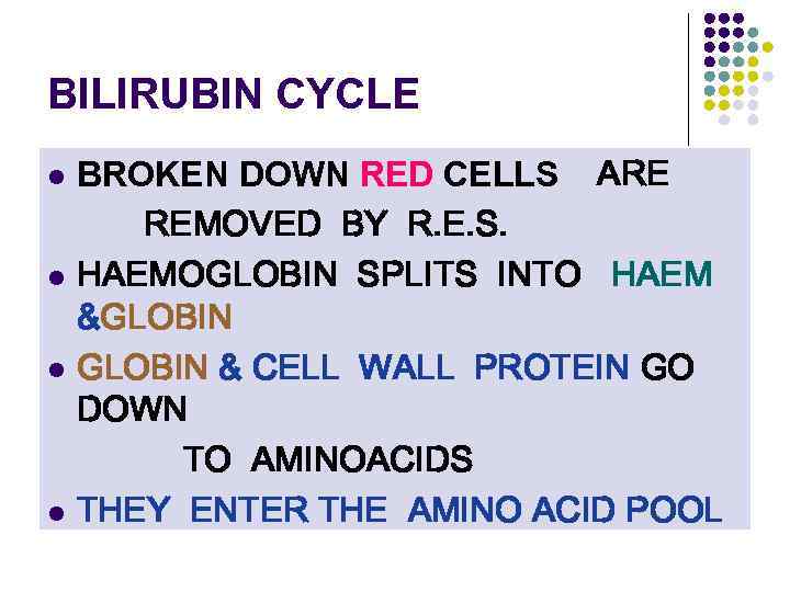 BILIRUBIN CYCLE l l BROKEN DOWN RED CELLS ARE REMOVED BY R. E. S.