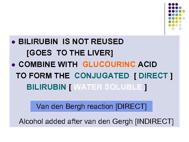 BILIRUBIN IS NOT REUSED [GOES TO THE LIVER] l COMBINE WITH GLUCOURINC ACID TO