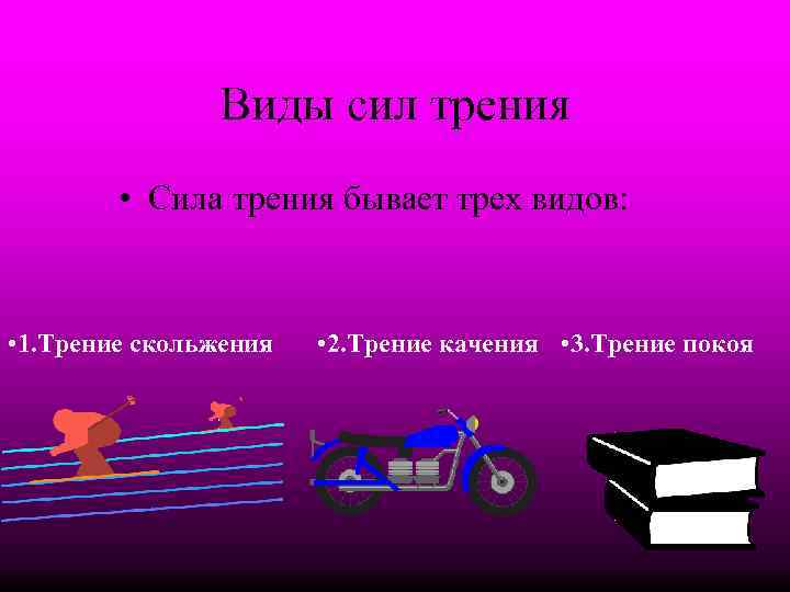 Виды сил трения • Сила трения бывает трех видов: • 1. Трение скольжения •