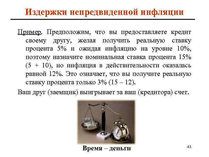 Издержки непредвиденной инфляции Пример. Предположим, что вы предоставляете кредит своему другу, желая получить реальную