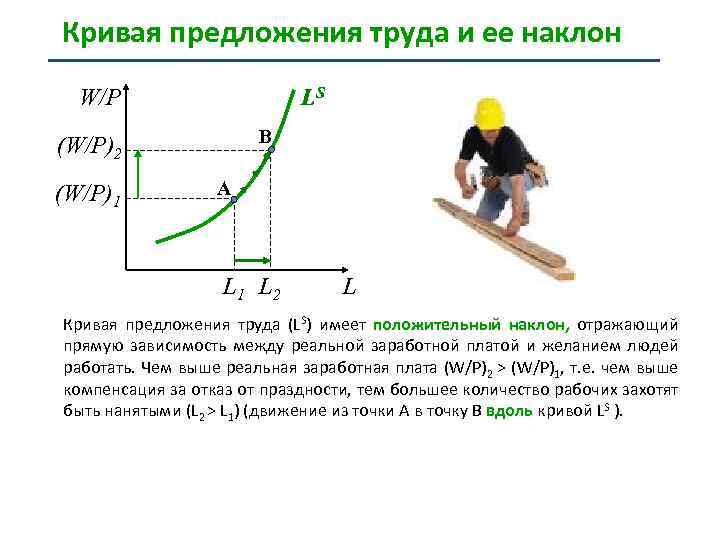 Кривая предложения труда и ее наклон W/P LS B (W/P)2 (W/P)1 A L 1