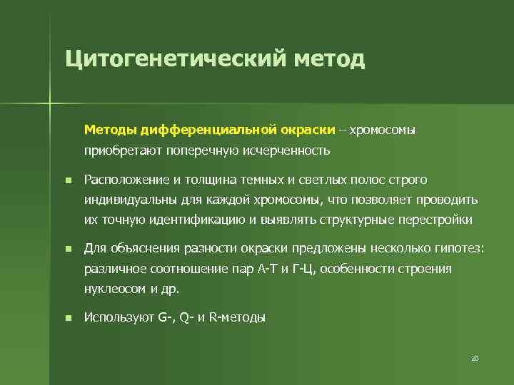 Цитогенетический метод Методы дифференциальной окраски – хромосомы приобретают поперечную исчерченность n Расположение и толщина