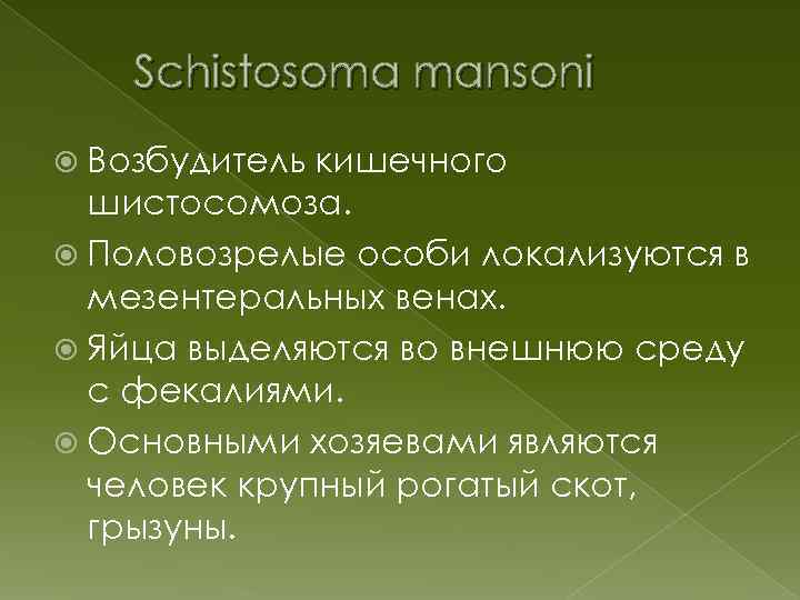 Schistosoma mansoni Возбудитель кишечного шистосомоза. Половозрелые особи локализуются в мезентеральных венах. Яйца выделяются во