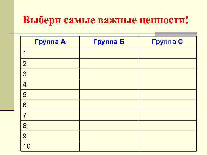 Выбери самые важные ценности! Группа А 1 2 3 4 5 6 7 8