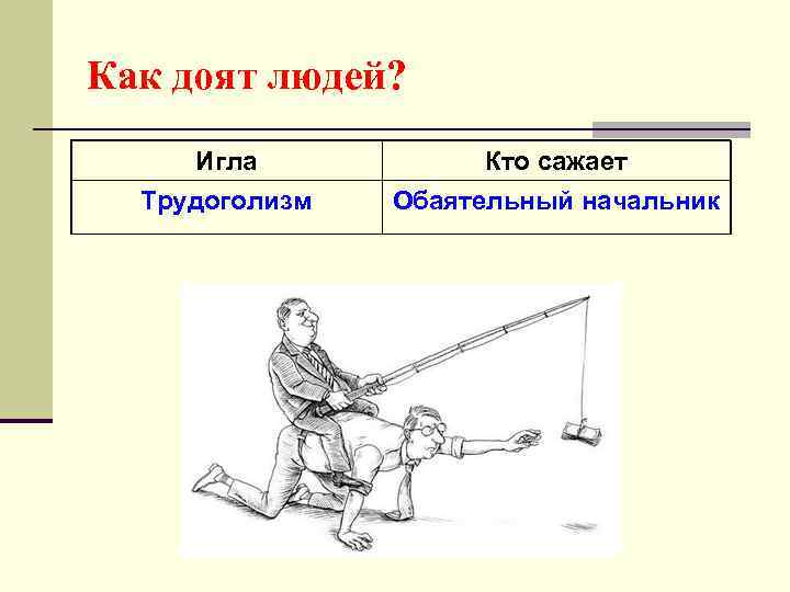 Как доят людей? Игла Кто сажает Трудоголизм Обаятельный начальник 