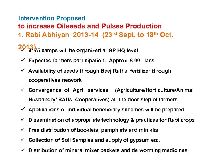 Intervention Proposed to increase Oilseeds and Pulses Production 1. Rabi Abhiyan 2013 -14 (23
