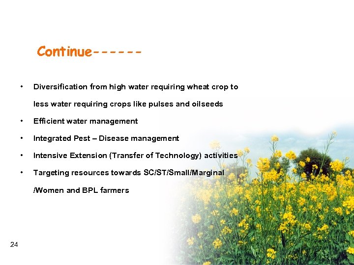 Continue----- • Diversification from high water requiring wheat crop to less water requiring crops