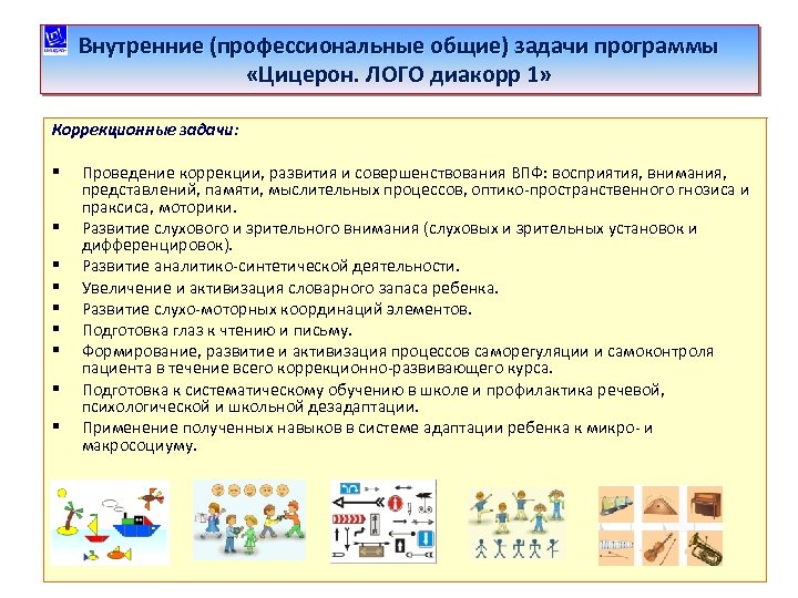 Внутренние (профессиональные общие) задачи программы «Цицерон. ЛОГО диакорр 1» Коррекционные задачи: § § §
