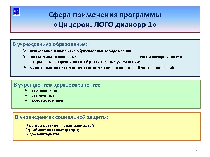 Сфера применения программы «Цицерон. ЛОГО диакорр 1» В учреждениях образования: Ø дошкольные и школьные
