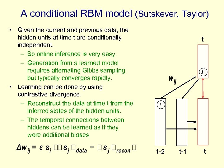 A conditional RBM model (Sutskever, Taylor) • Given the current and previous data, the
