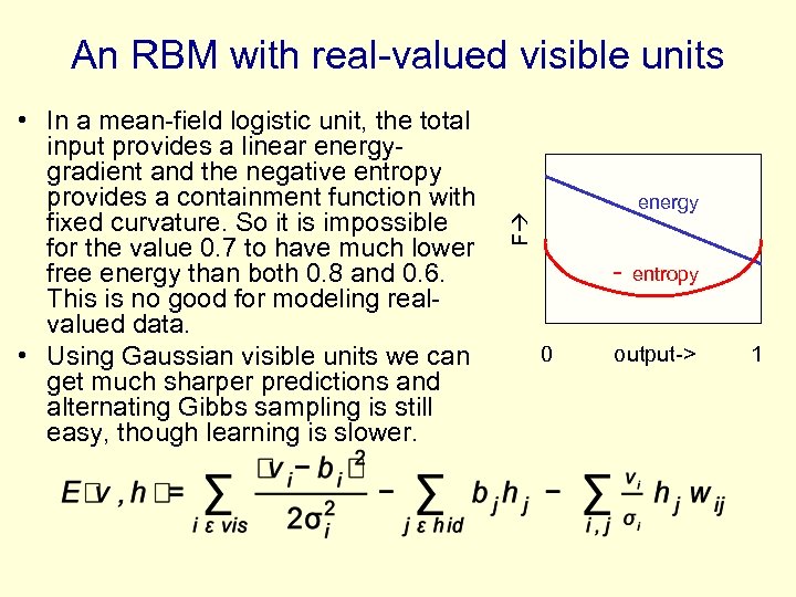 An RBM with real-valued visible units energy F • In a mean-field logistic unit,
