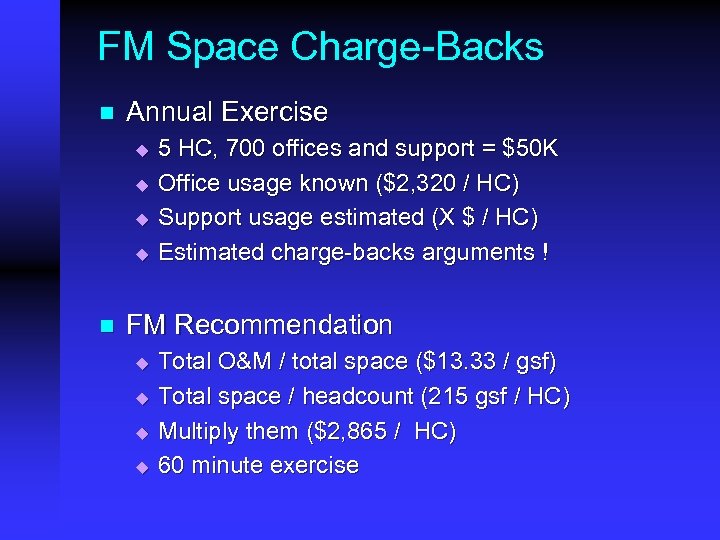 FM Space Charge-Backs n Annual Exercise u u n 5 HC, 700 offices and