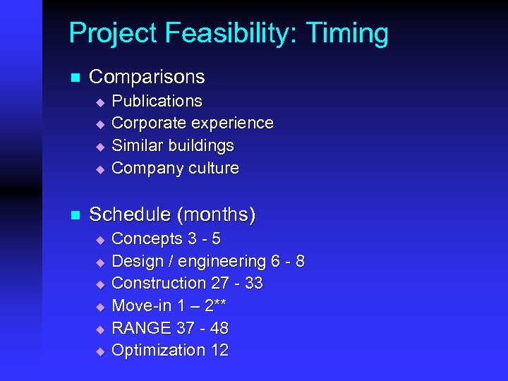 Project Feasibility: Timing n Comparisons u u n Publications Corporate experience Similar buildings Company