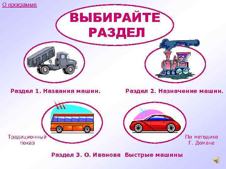 О программе ВЫБИРАЙТЕ РАЗДЕЛ Раздел 1. Названия машин. Раздел 2. Назначение машин. Традиционный показ