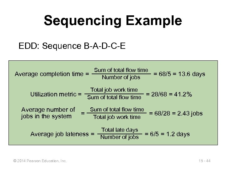 Sequencing Example EDD: Sequence B-A-D-C-E Average completion time = Sum of total flow time