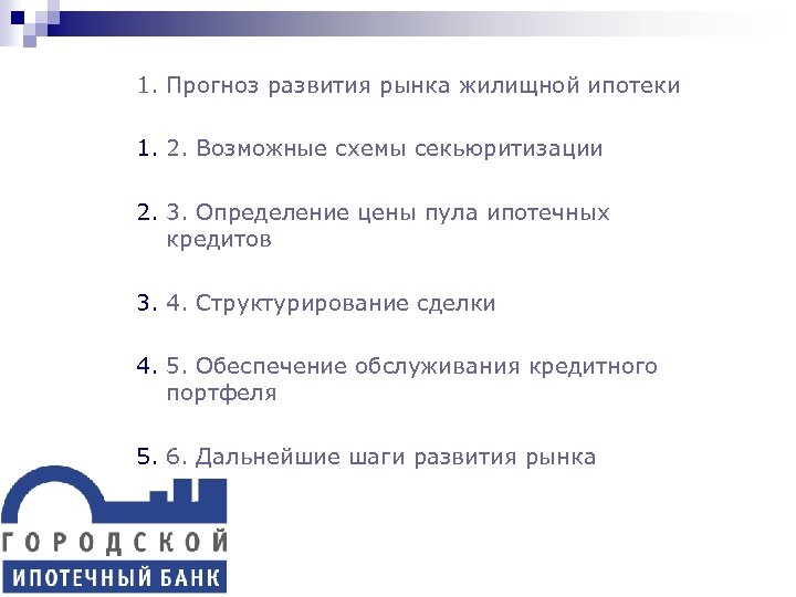 1. Прогноз развития рынка жилищной ипотеки 1. 2. Возможные схемы секьюритизации 2. 3. Определение