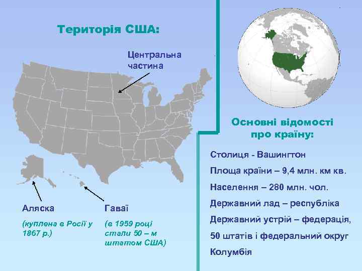 Територія США: Центральна частина Основні відомості про країну: Столиця - Вашингтон Площа країни –