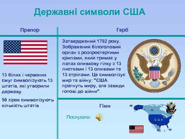 Державні символи США Прапор 13 білих і червоних смуг символізують 13 штатів, які утворили