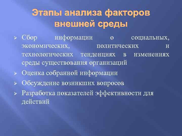 Этапы анализа факторов внешней среды Ø Ø Сбор информации о социальных, экономических, политических и