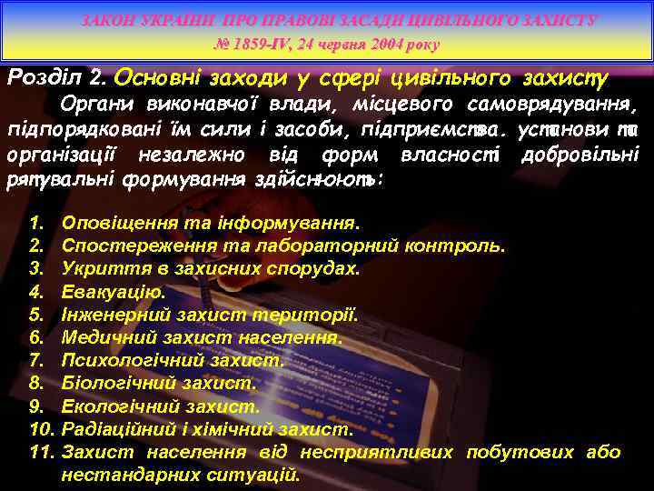 ЗАКОН УКРАЇНИ ПРО ПРАВОВІ ЗАСАДИ ЦИВІЛЬНОГО ЗАХИСТУ № 1859 -IV, 24 червня 2004 року