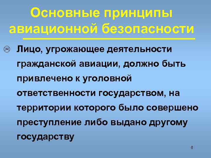 Основные принципы авиационной безопасности L Лицо, угрожающее деятельности гражданской авиации, должно быть привлечено к